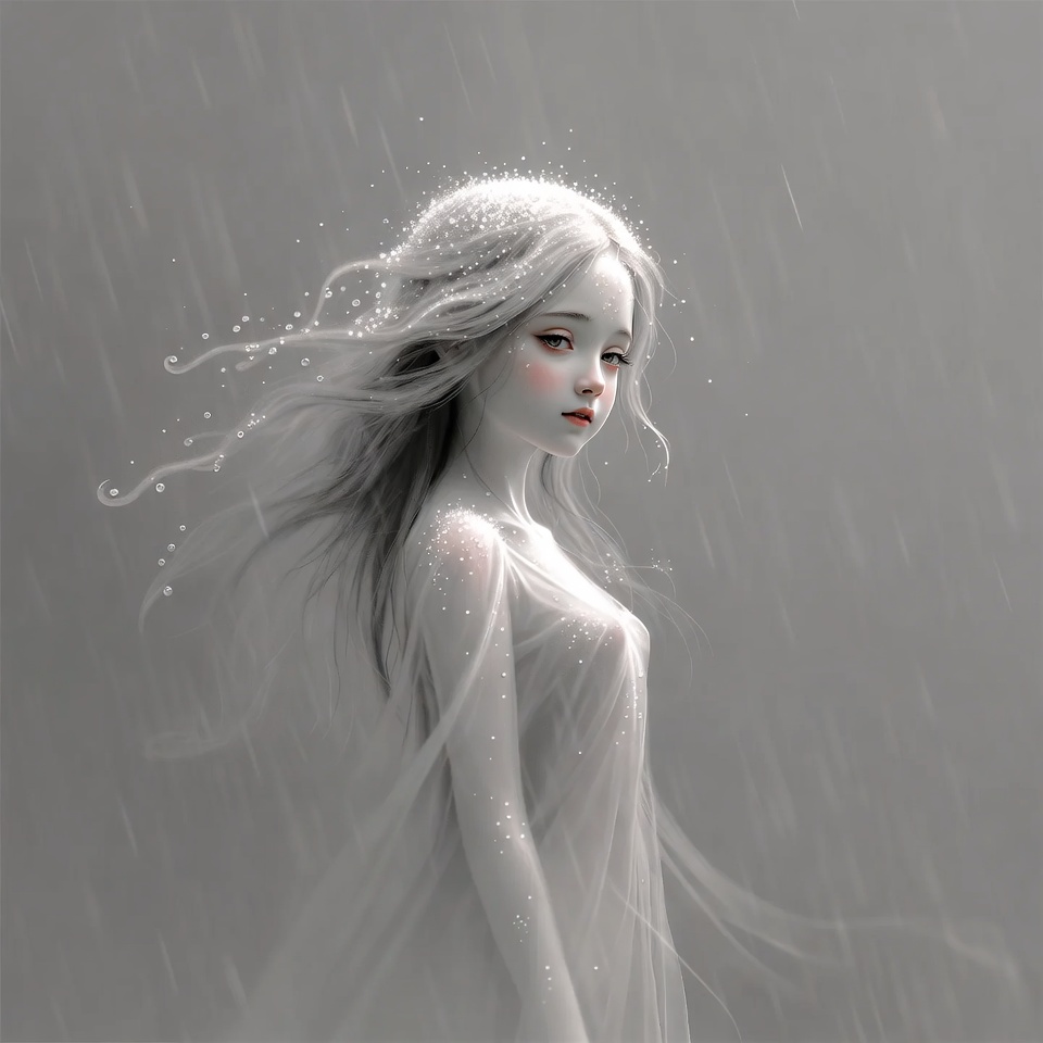 Ethereal girl in white rain Ethereal girl in white rain
