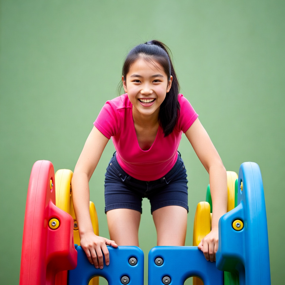Asian girl climbing colorful playground equipment Asian girl climbing colorful playground equipment