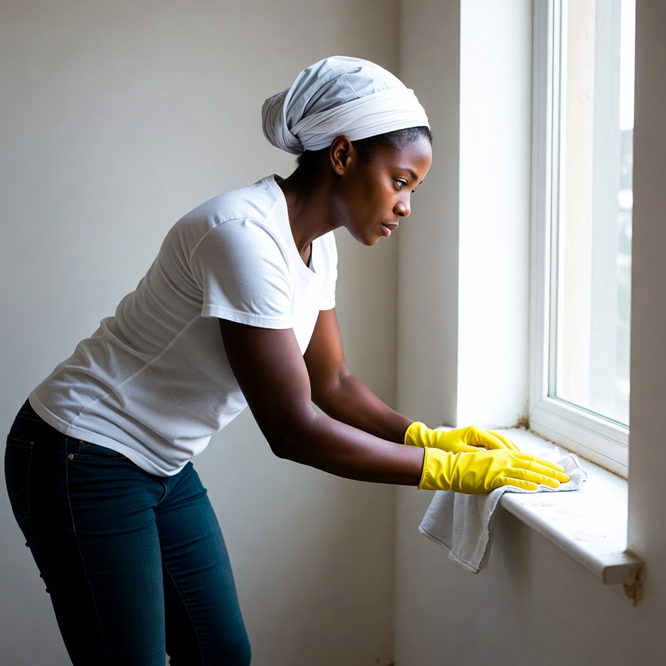 African woman cleaning window African woman cleaning window