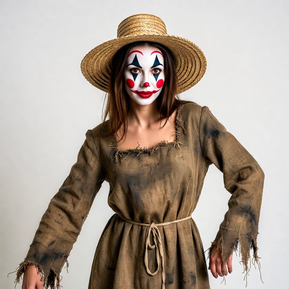 Woman in clown makeup wearing straw hat Woman in clown makeup wearing straw hat