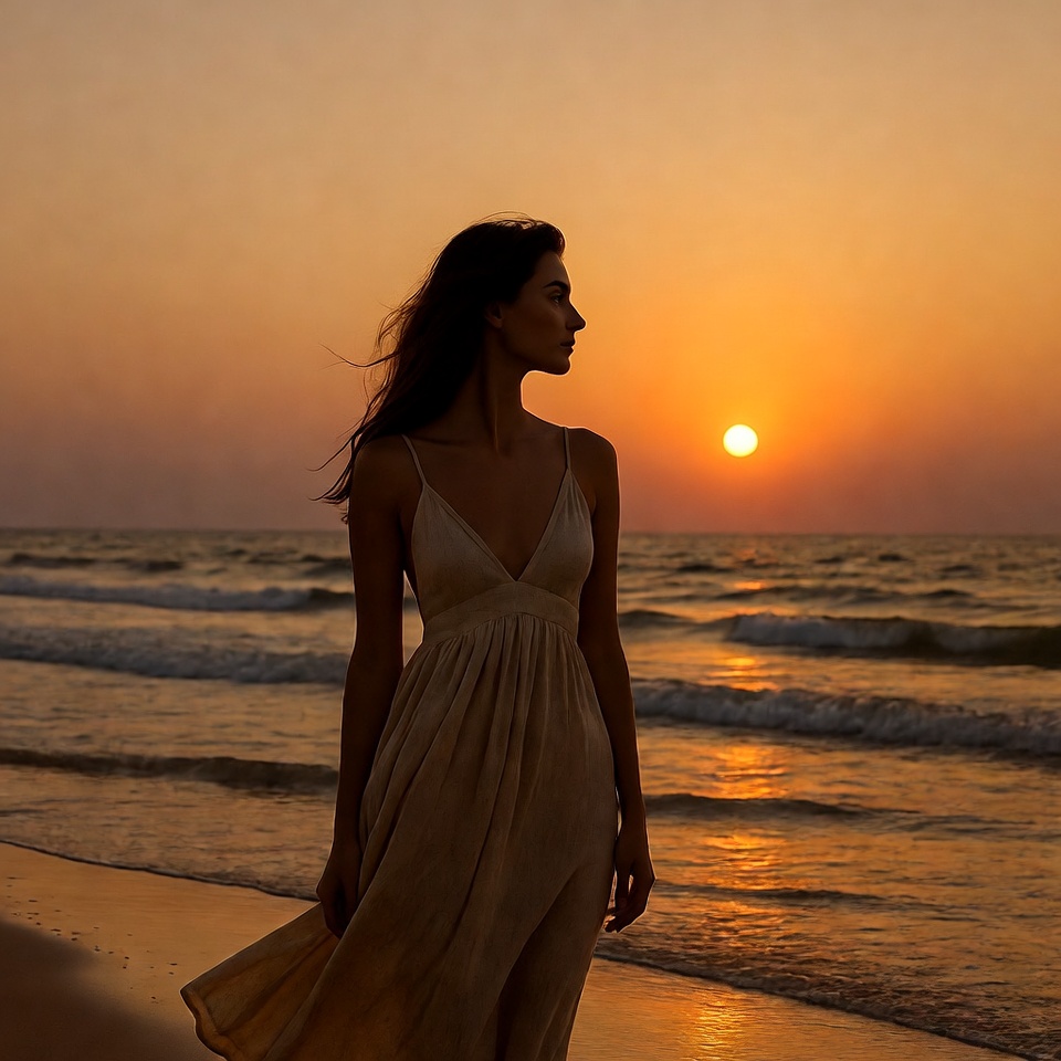 Woman silhouette at sunset beach Woman silhouette at sunset beach
