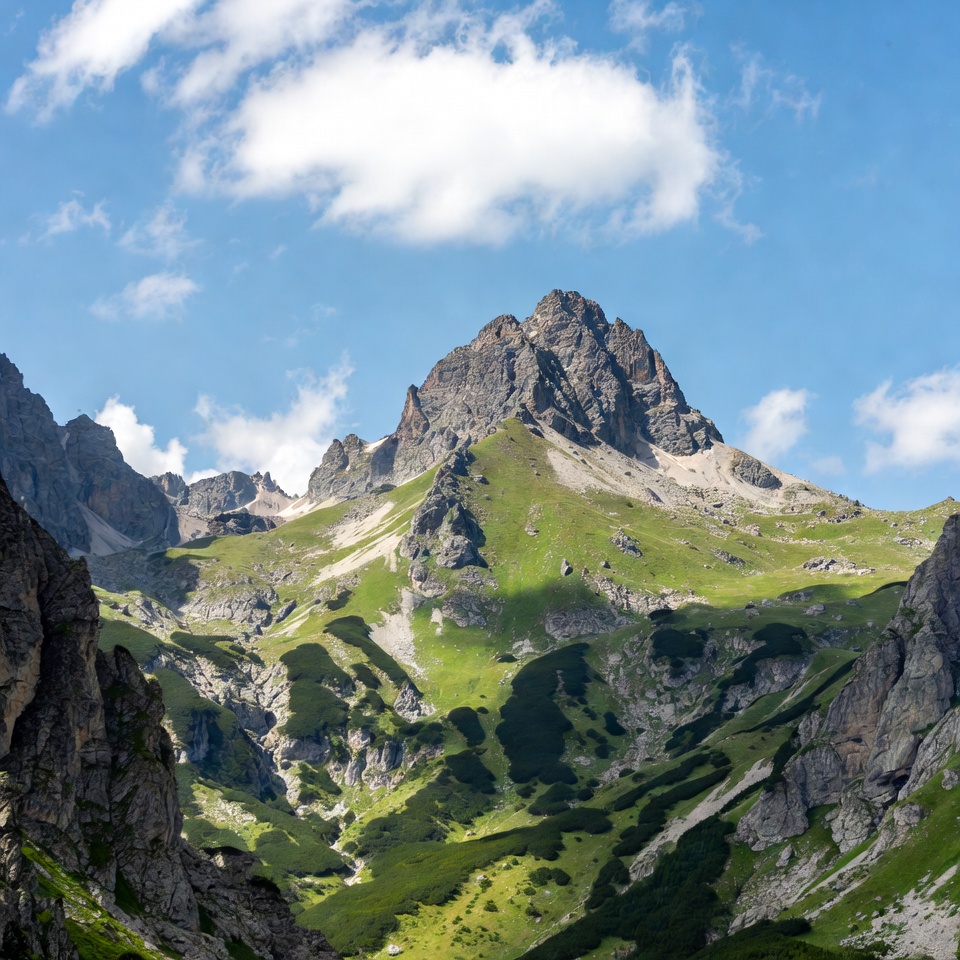 Majestic Mountain Peak with Green Slopes Majestic Mountain Peak with Green Slopes
