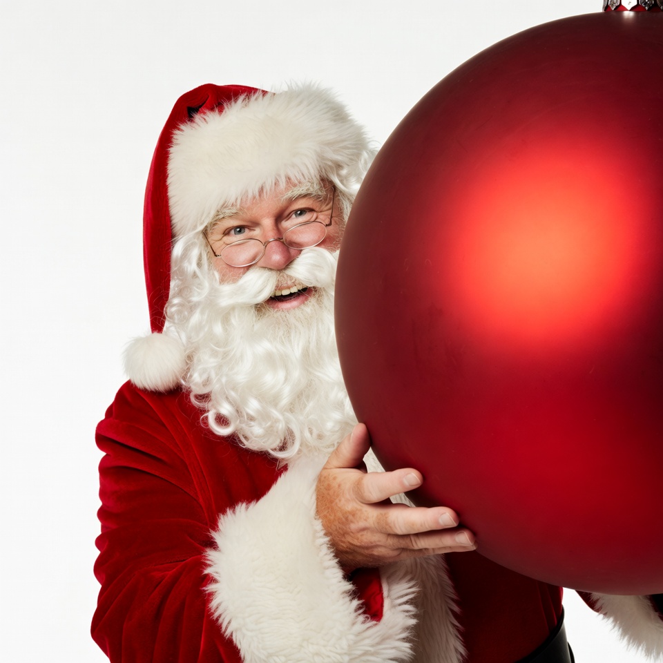 Santa Claus holding large red ornament Santa Claus holding large red ornament