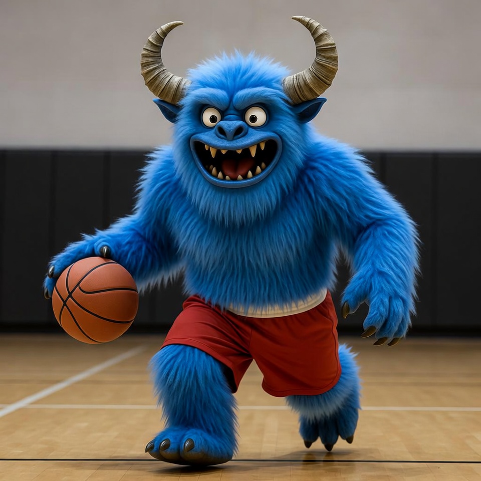 Blue furry monster dribbling basketball Blue furry monster dribbling basketball