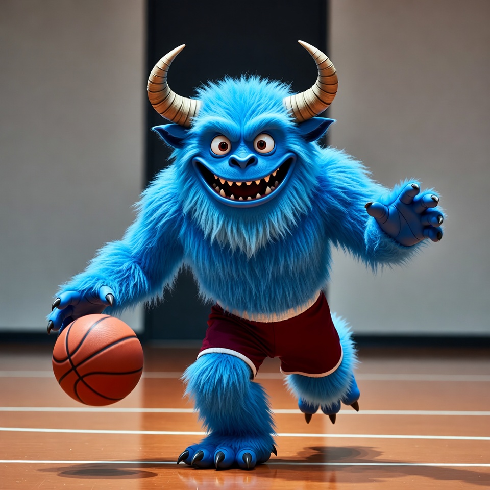Blue furry monster dribbling basketball Blue furry monster dribbling basketball