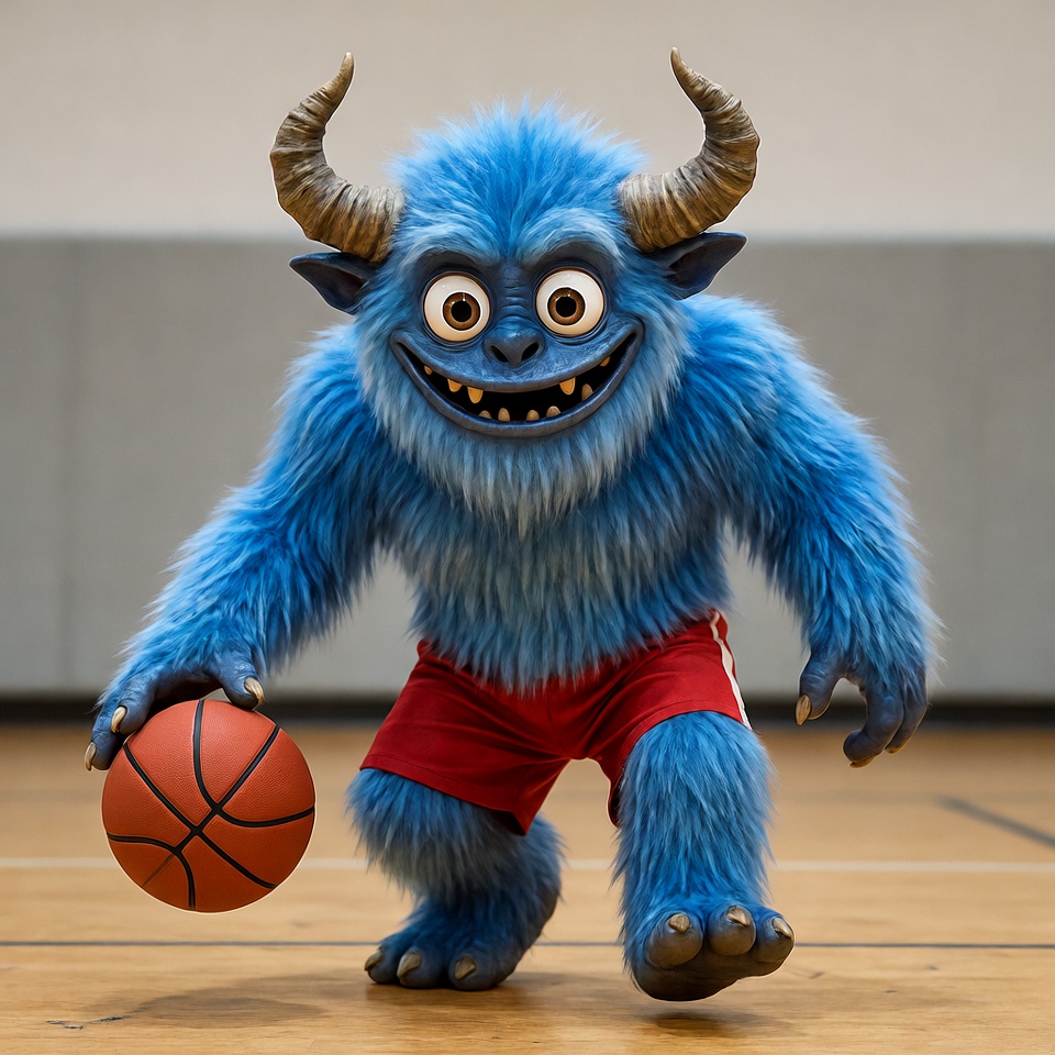 Blue furry monster dribbling basketball Blue furry monster dribbling basketball