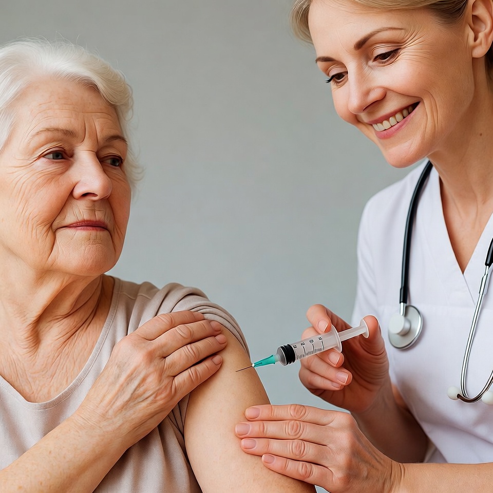 Nurse vaccinating elderly woman Nurse vaccinating elderly woman