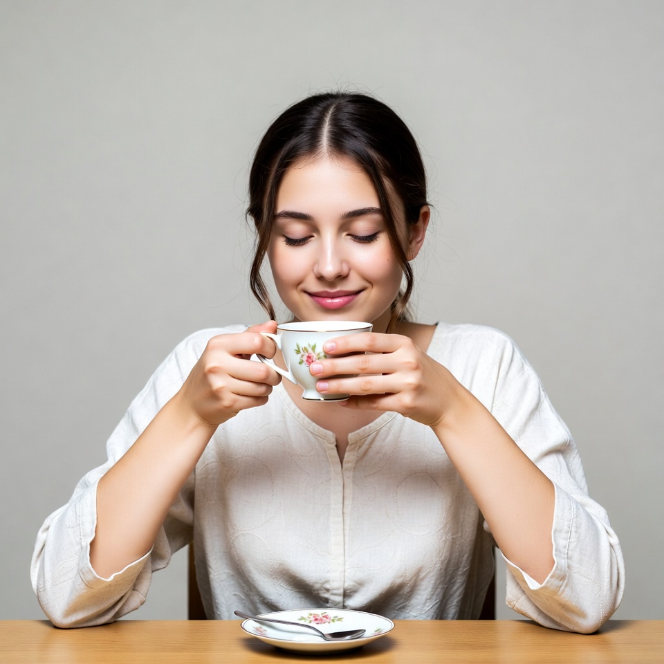 Woman smelling floral teacup Woman smelling floral teacup