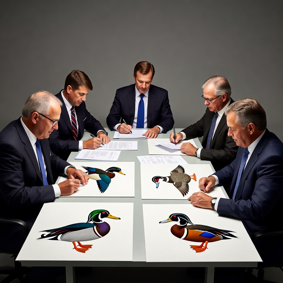 Businessmen examining mallard duck drawings Businessmen examining mallard duck drawings