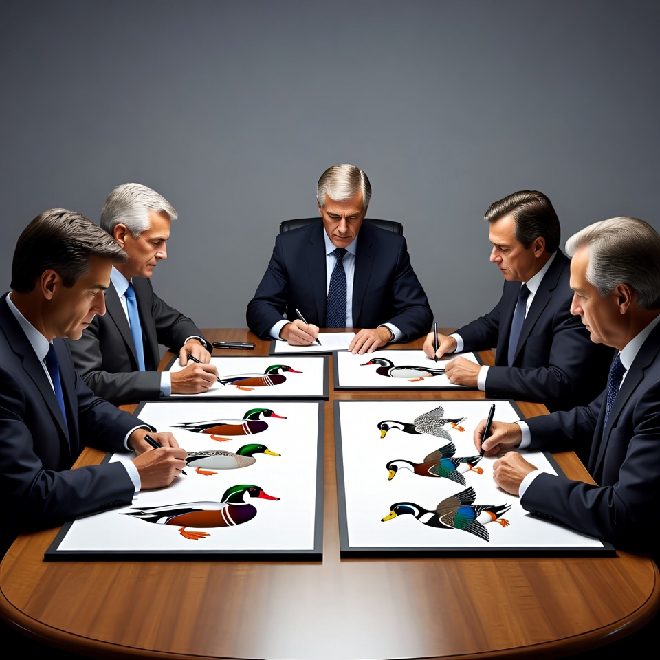 Businessmen signing duck drawings Businessmen signing duck drawings