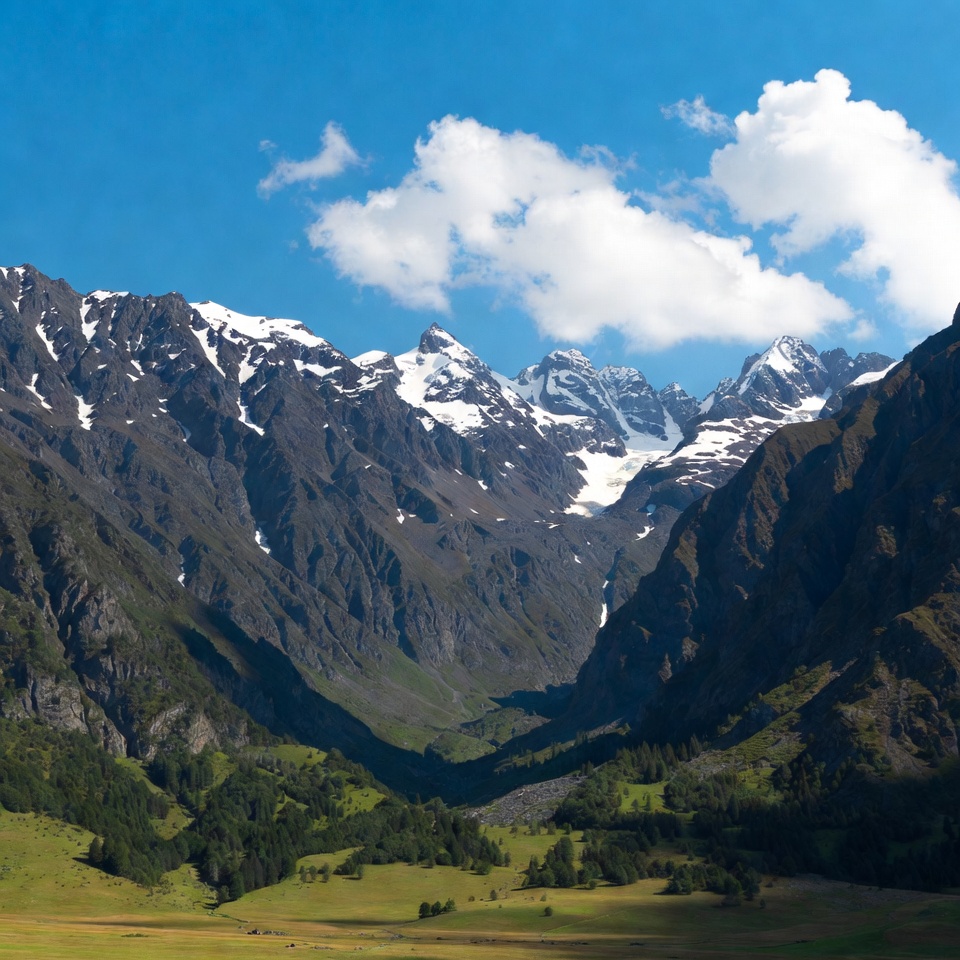 Snowy Mountains in Green Valley Snowy Mountains in Green Valley