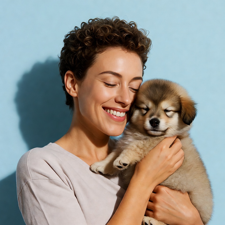 Woman holding cute puppy Woman holding cute puppy