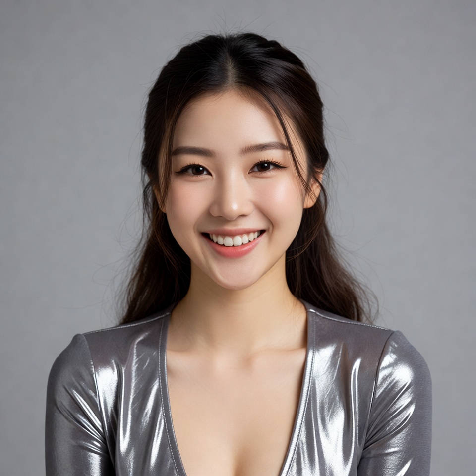 Asian woman smiling in silver dress Asian woman smiling in silver dress