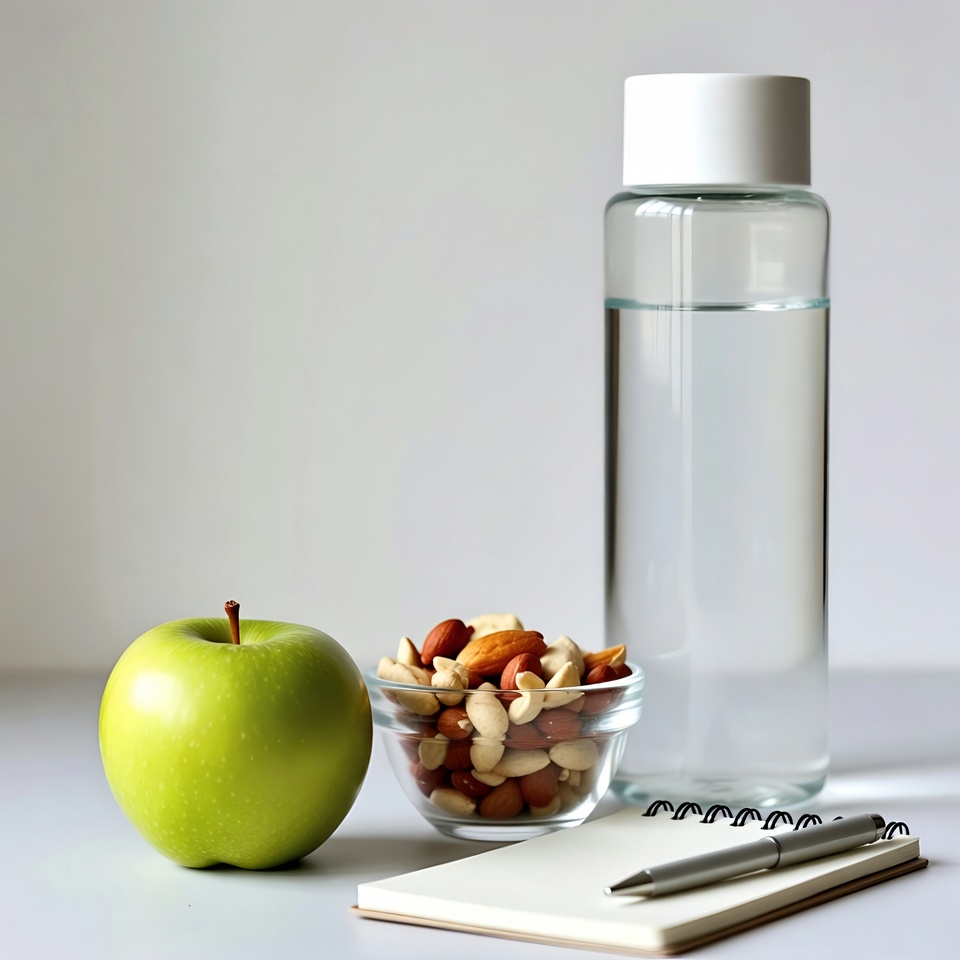 Green Apple, Nuts, Water Bottle, Notebook Green Apple, Nuts, Water Bottle, Notebook