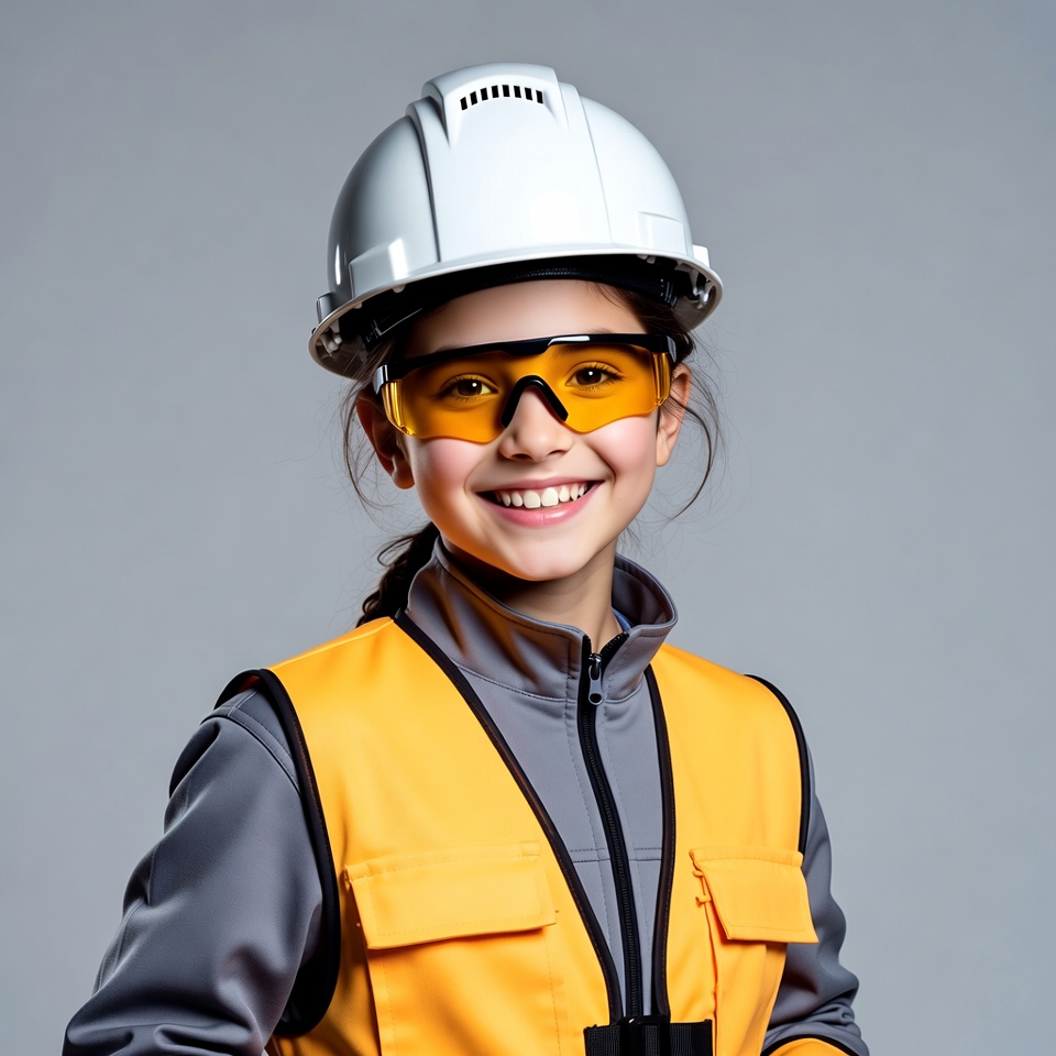 Girl wearing hard hat and vest Girl wearing hard hat and vest