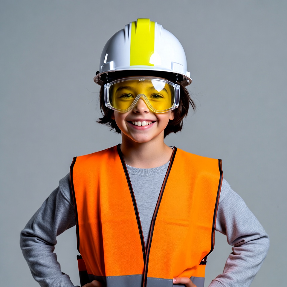 Boy in hard hat and safety vest Boy in hard hat and safety vest
