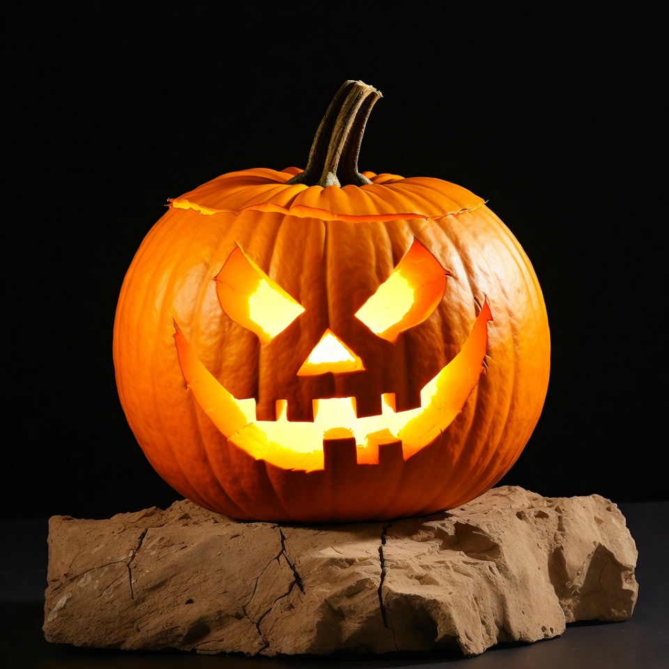 Jack-o'-lantern on rocky surface Jack-o'-lantern on rocky surface