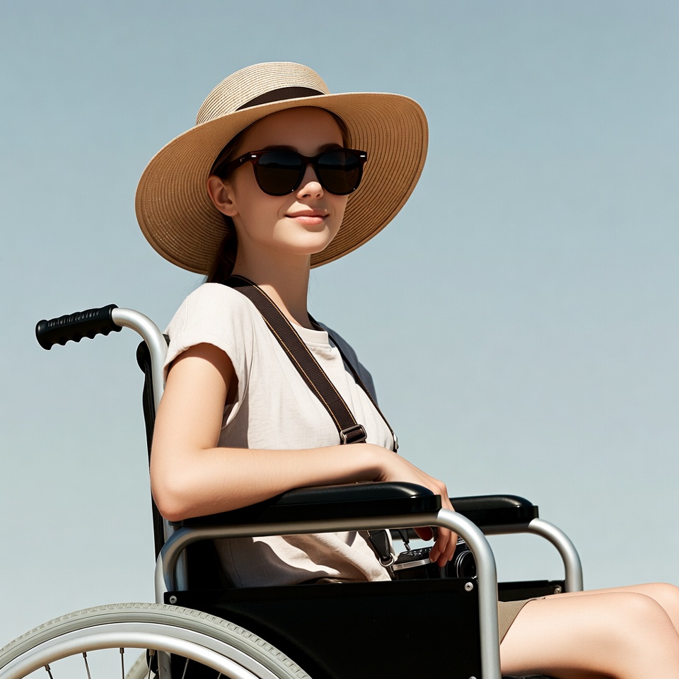 Smiling woman in wheelchair with hat Smiling woman in wheelchair with hat