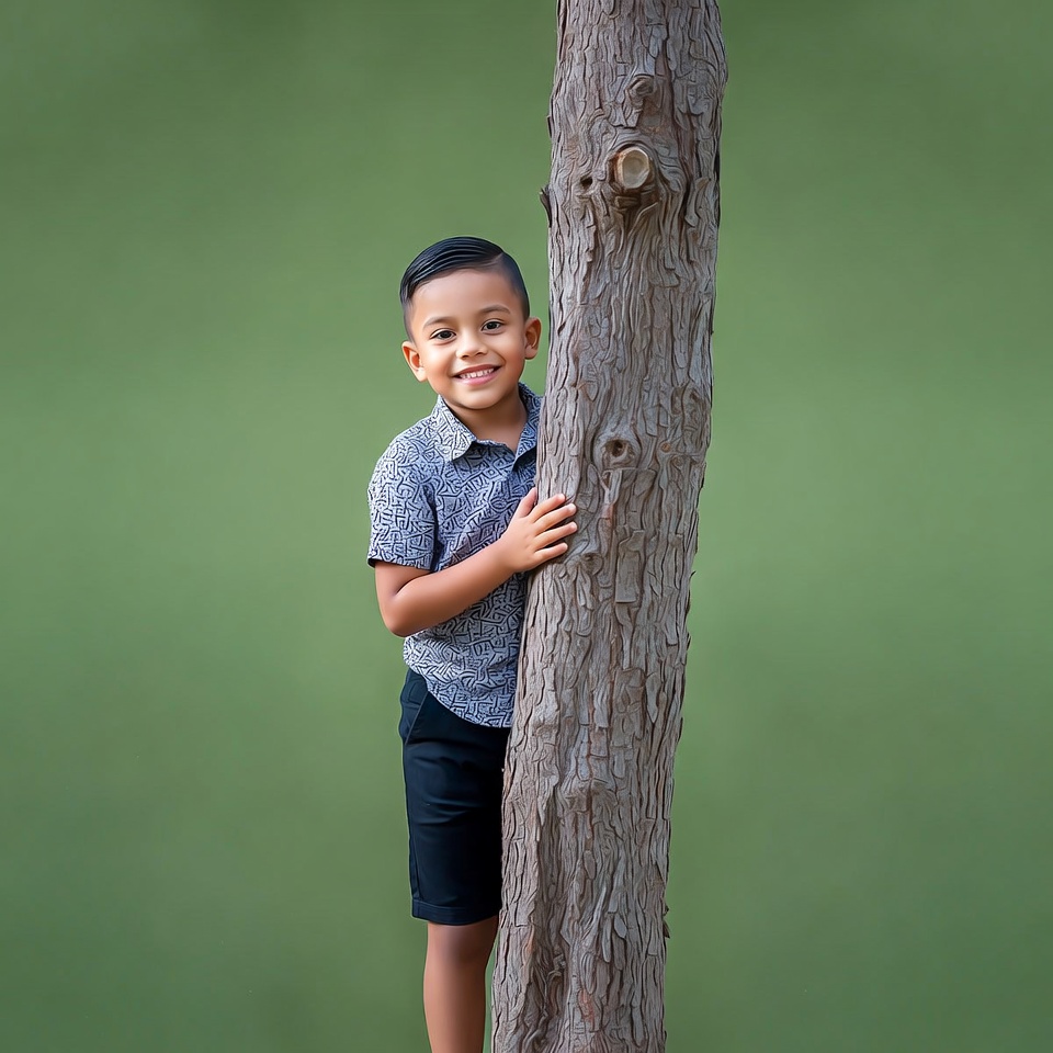 Boy peeking from behind tree Boy peeking from behind tree