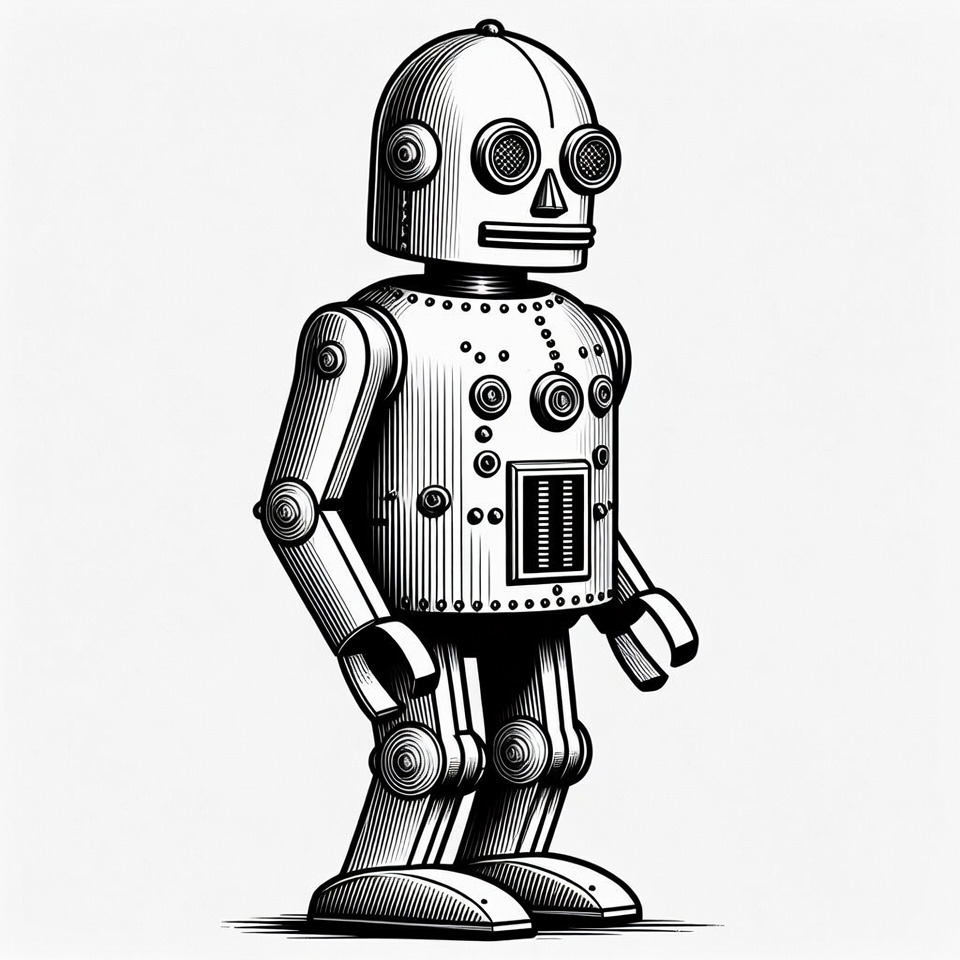 Vintage line art robot standing Vintage line art robot standing