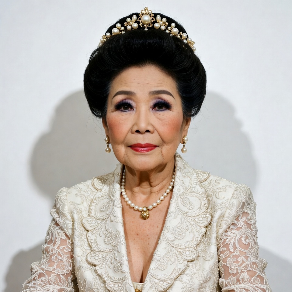 Asian woman in white lace dress and pearl tiara Asian woman in white lace dress and pearl tiara