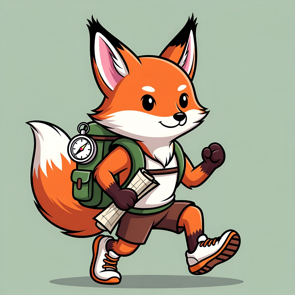 Cartoon Fox Running with Backpack and Map Cartoon Fox Running with Backpack and Map