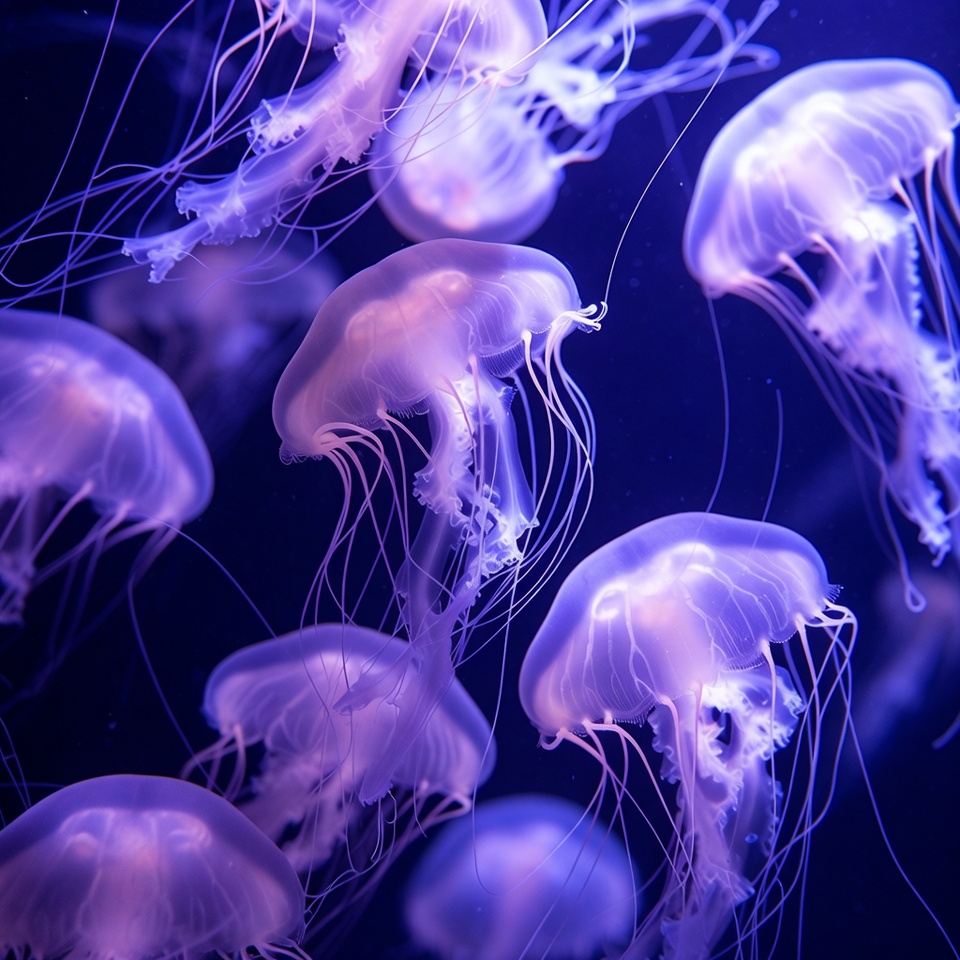 Purple jellyfish floating in dark water Purple jellyfish floating in dark water