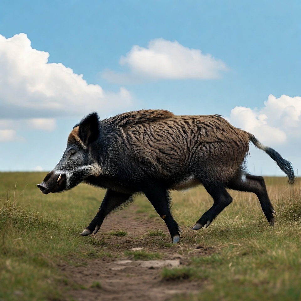 Wild Boar Running on Grass Path Wild Boar Running on Grass Path