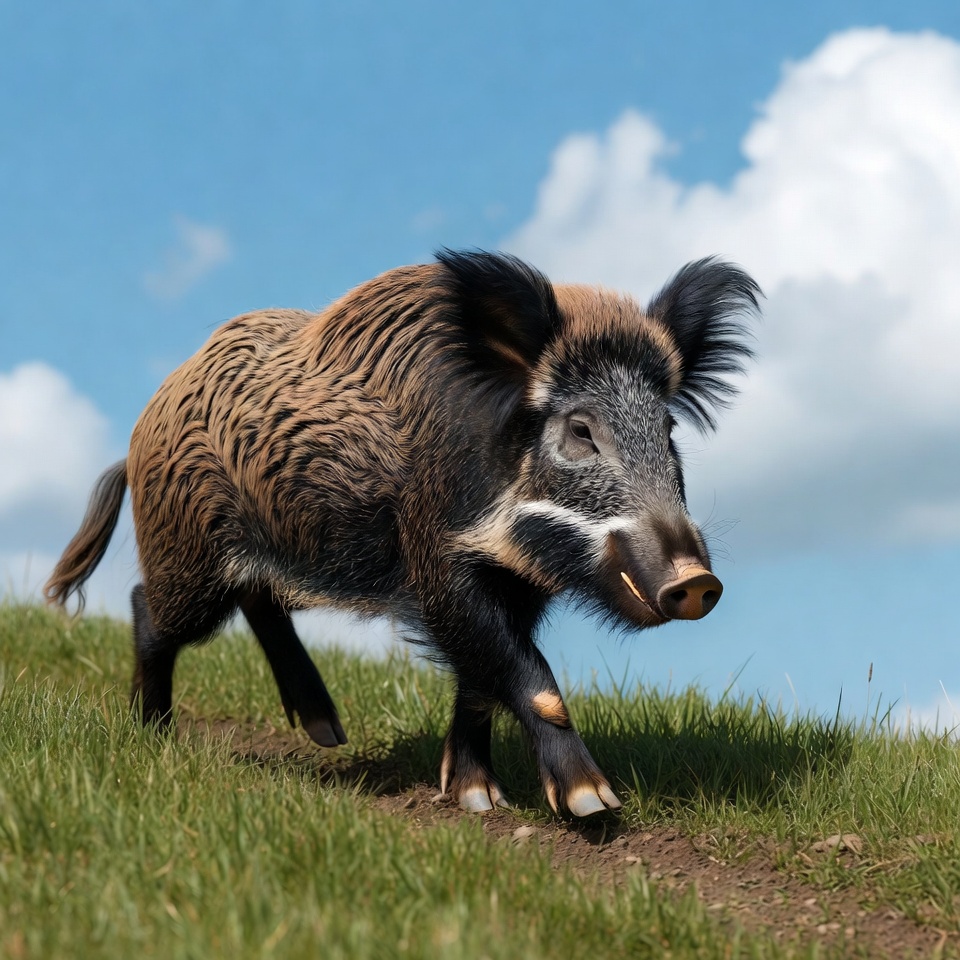 Wild Boar Walking on Grassy Hill Wild Boar Walking on Grassy Hill