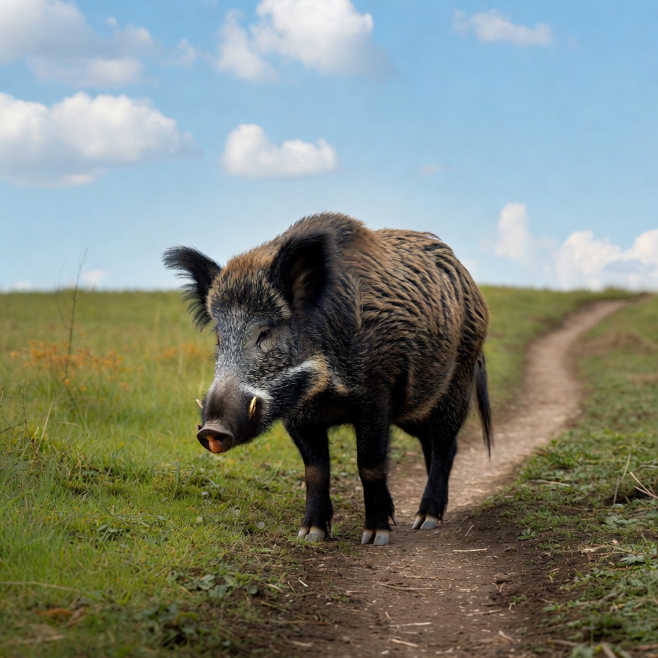 Wild Boar on Grassy Path Wild Boar on Grassy Path