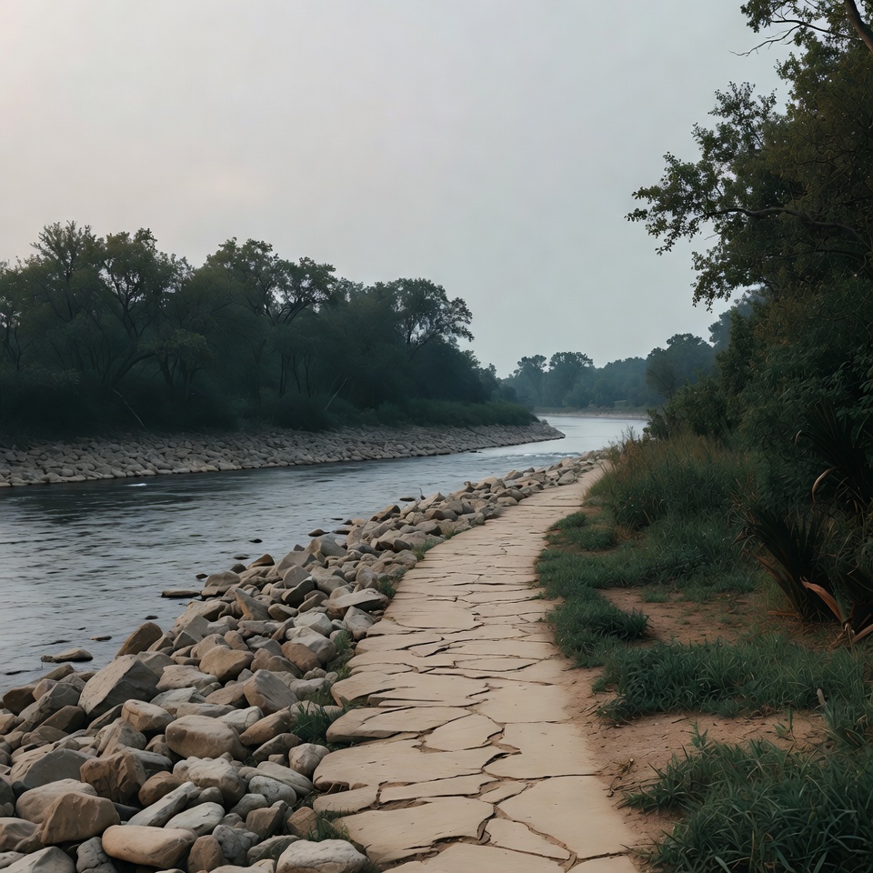 Paved Path Along River with Rocks Paved Path Along River with Rocks