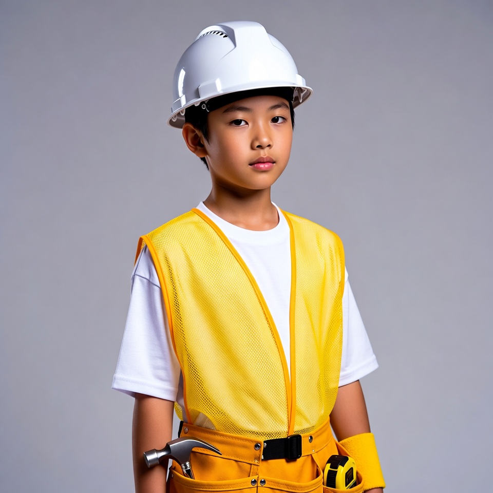 Asian boy in construction worker outfit Asian boy in construction worker outfit