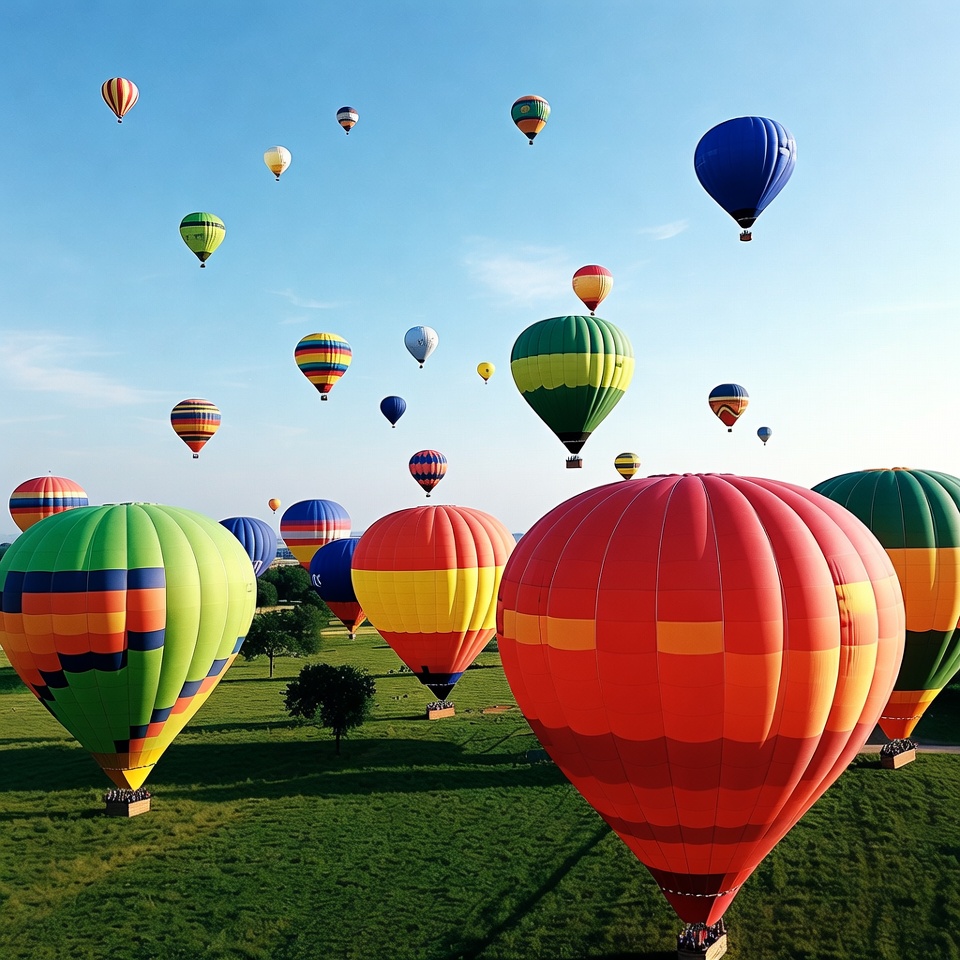Colorful Hot Air Balloons Over Grass Field Colorful Hot Air Balloons Over Grass Field