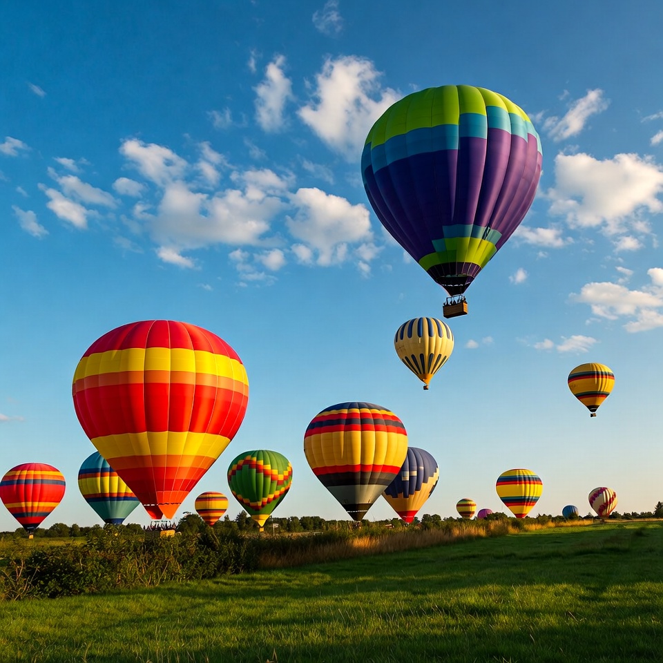 Colorful Hot Air Balloons Over Green Field Colorful Hot Air Balloons Over Green Field