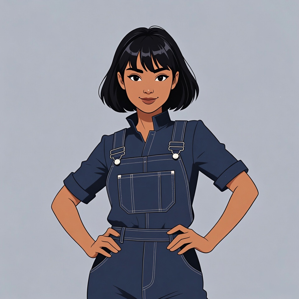 Asian woman in blue overalls Asian woman in blue overalls