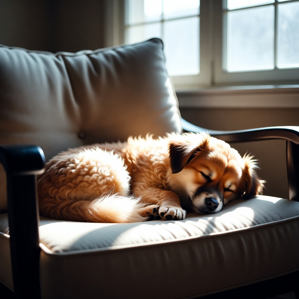 Fluffy puppy sleeping on armchair Fluffy puppy sleeping on armchair