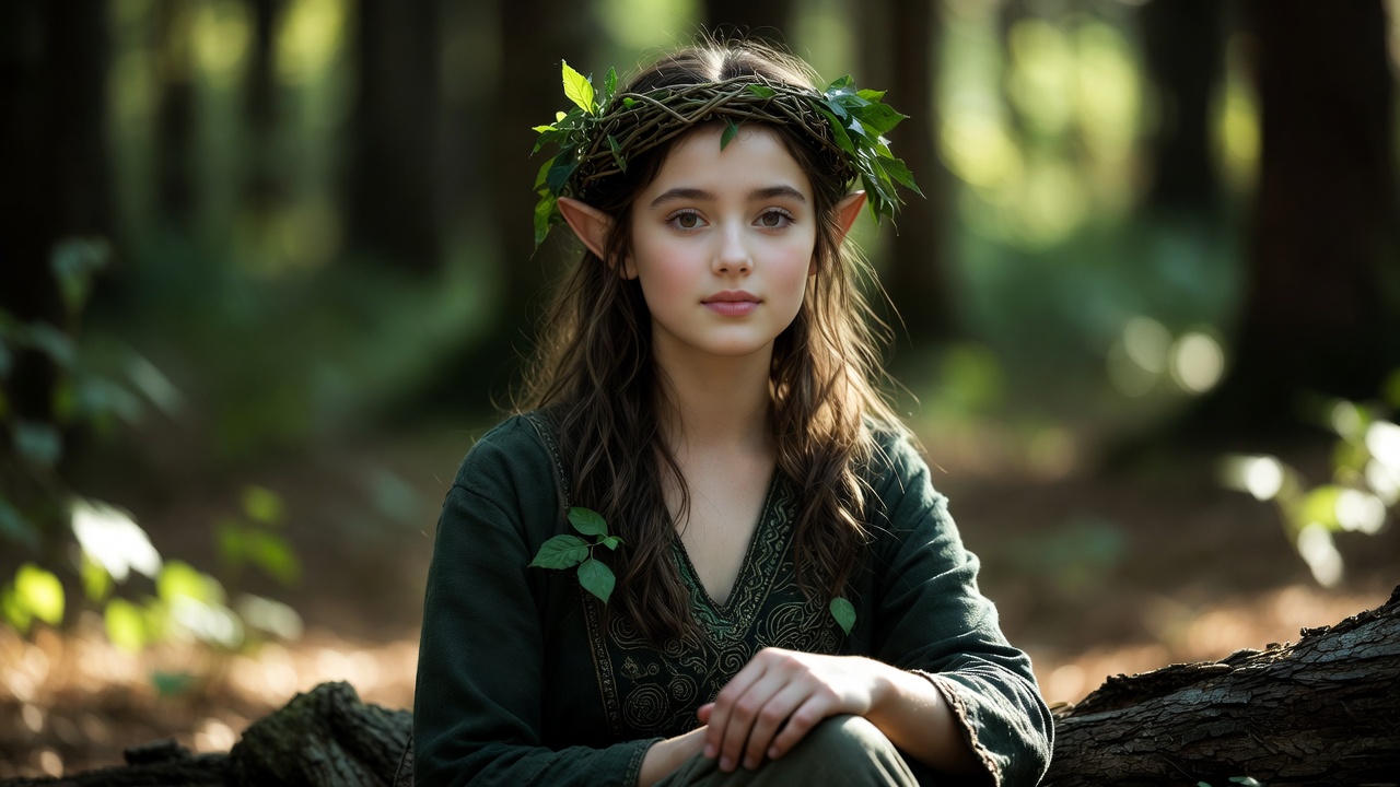 Girl with leaf crown in forest Girl with leaf crown in forest