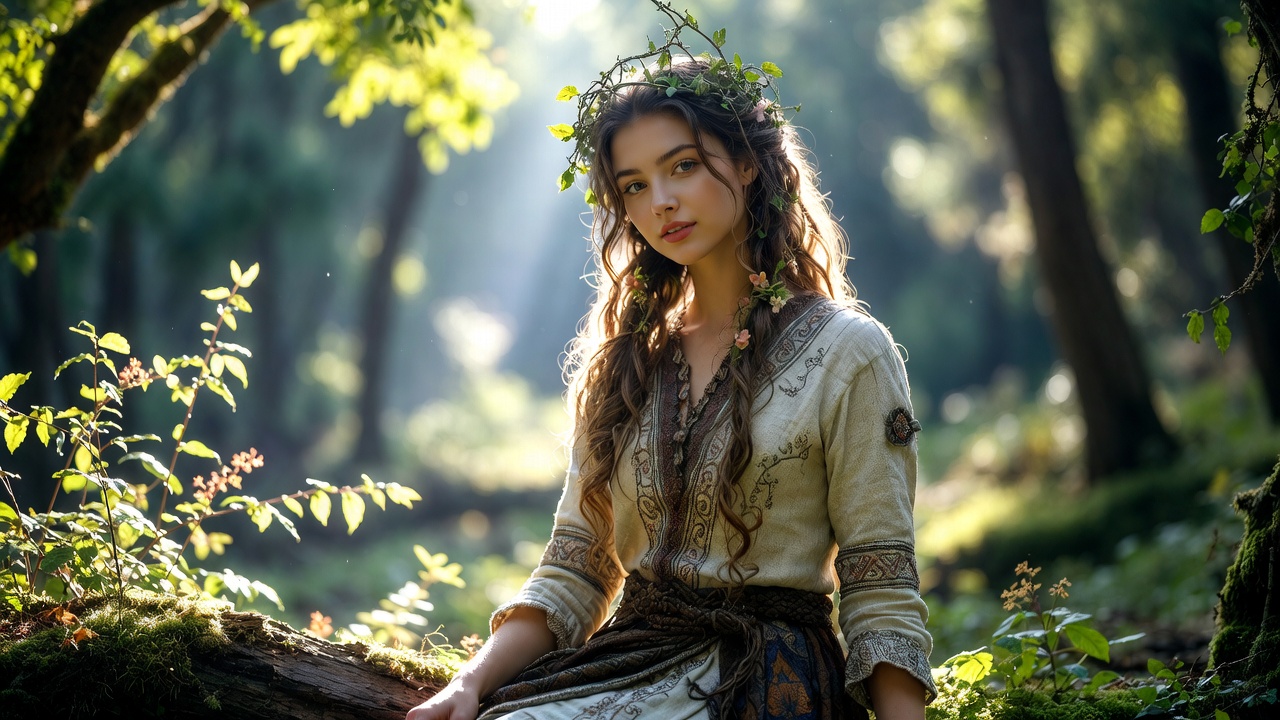 Woman with flower crown in forest Woman with flower crown in forest