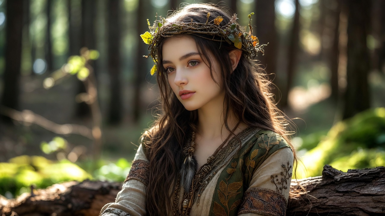 Elf woman with flower crown in forest Elf woman with flower crown in forest