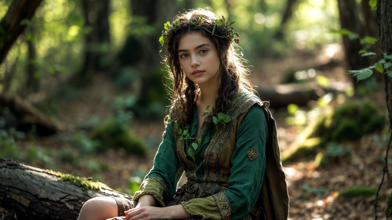 Young woman in green dress forest Young woman in green dress forest