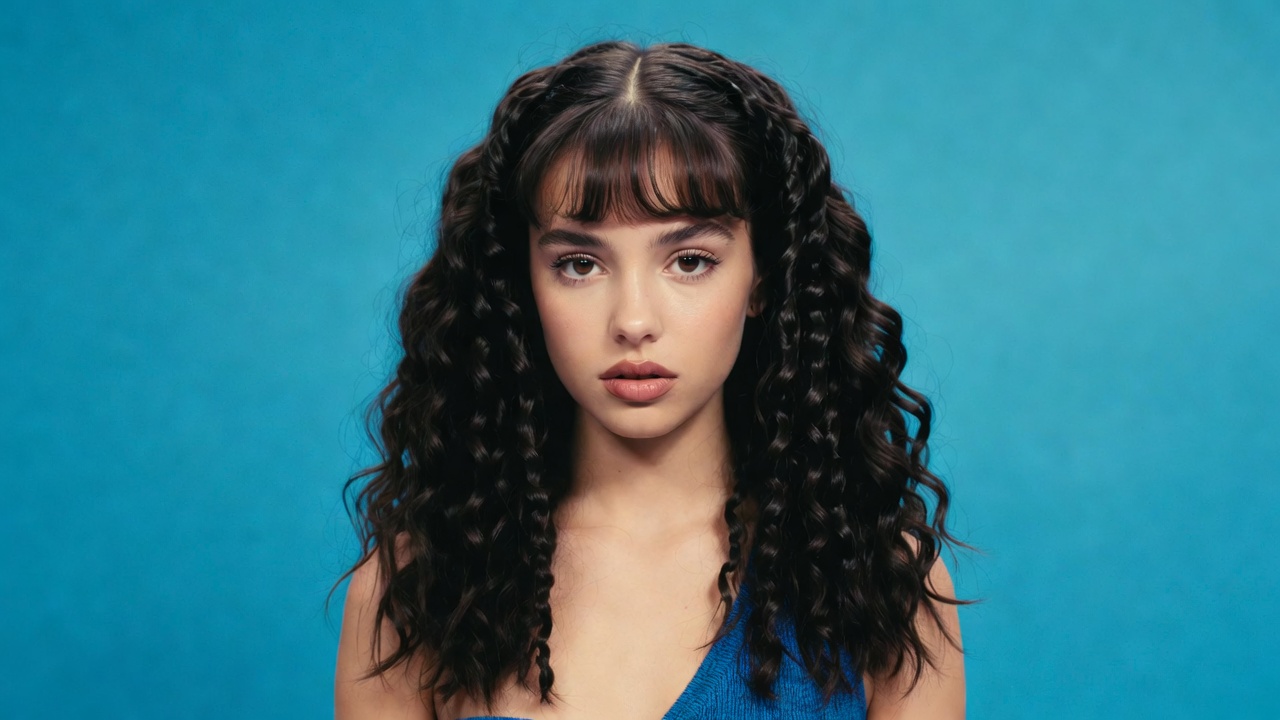 Young woman with curly bangs Young woman with curly bangs