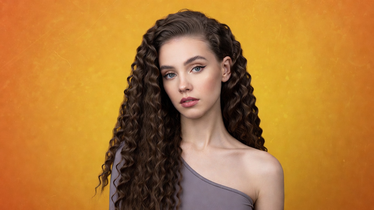Woman with curly hair on orange background Woman with curly hair on orange background