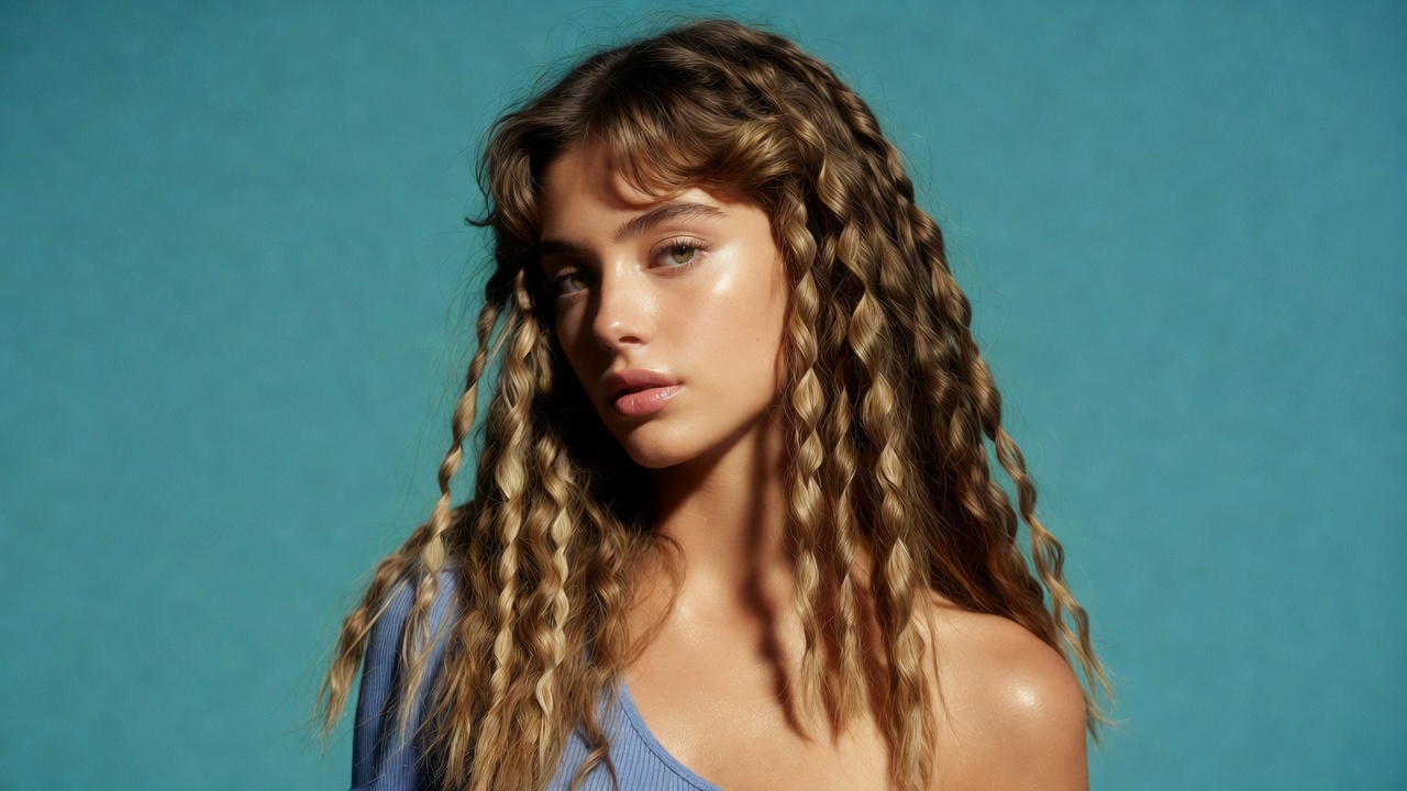 Woman with curly hair on blue background Woman with curly hair on blue background