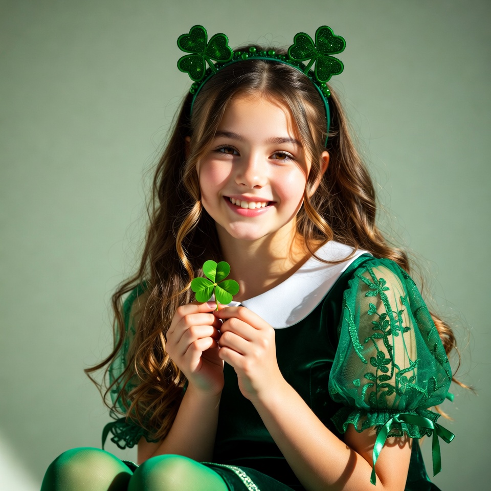 Girl holding shamrock in green St. Patrick's dress Girl holding shamrock in green St. Patrick's dress