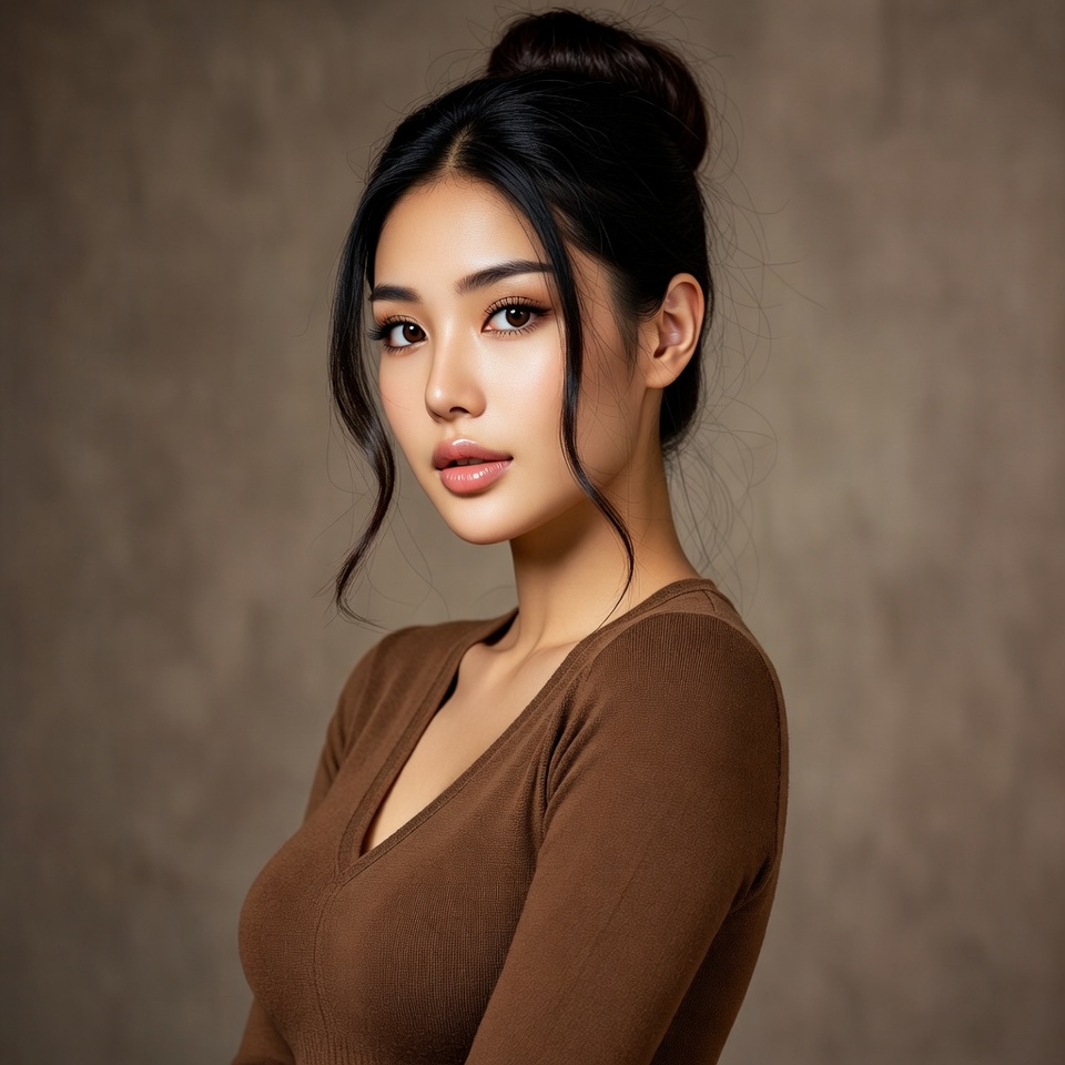 Asian woman in brown sweater Asian woman in brown sweater