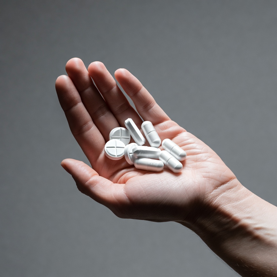Hand holding white pills Hand holding white pills