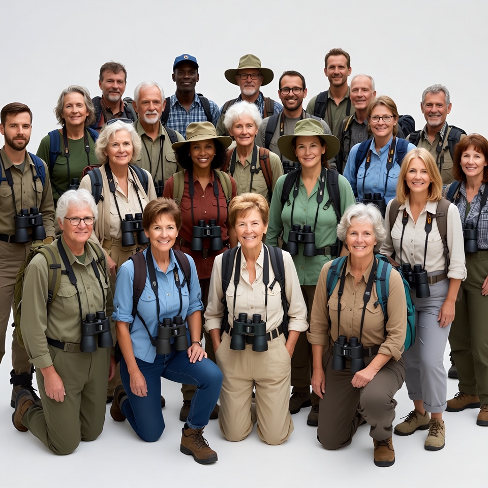 Group of seniors birdwatching with binoculars Group of seniors birdwatching with binoculars