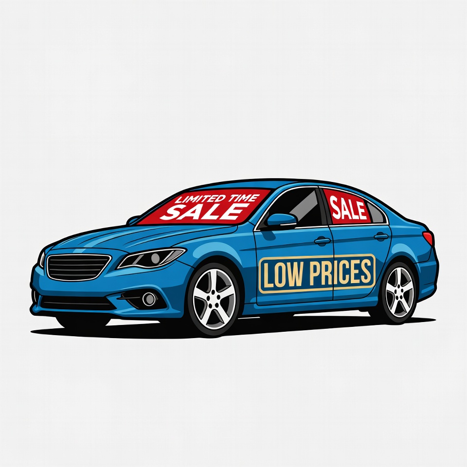 Blue Car with Limited Time Sale Signs Blue Car with Limited Time Sale Signs
