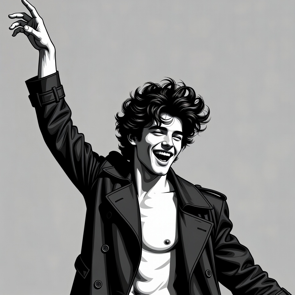 Man laughing with raised arm in trench coat Man laughing with raised arm in trench coat