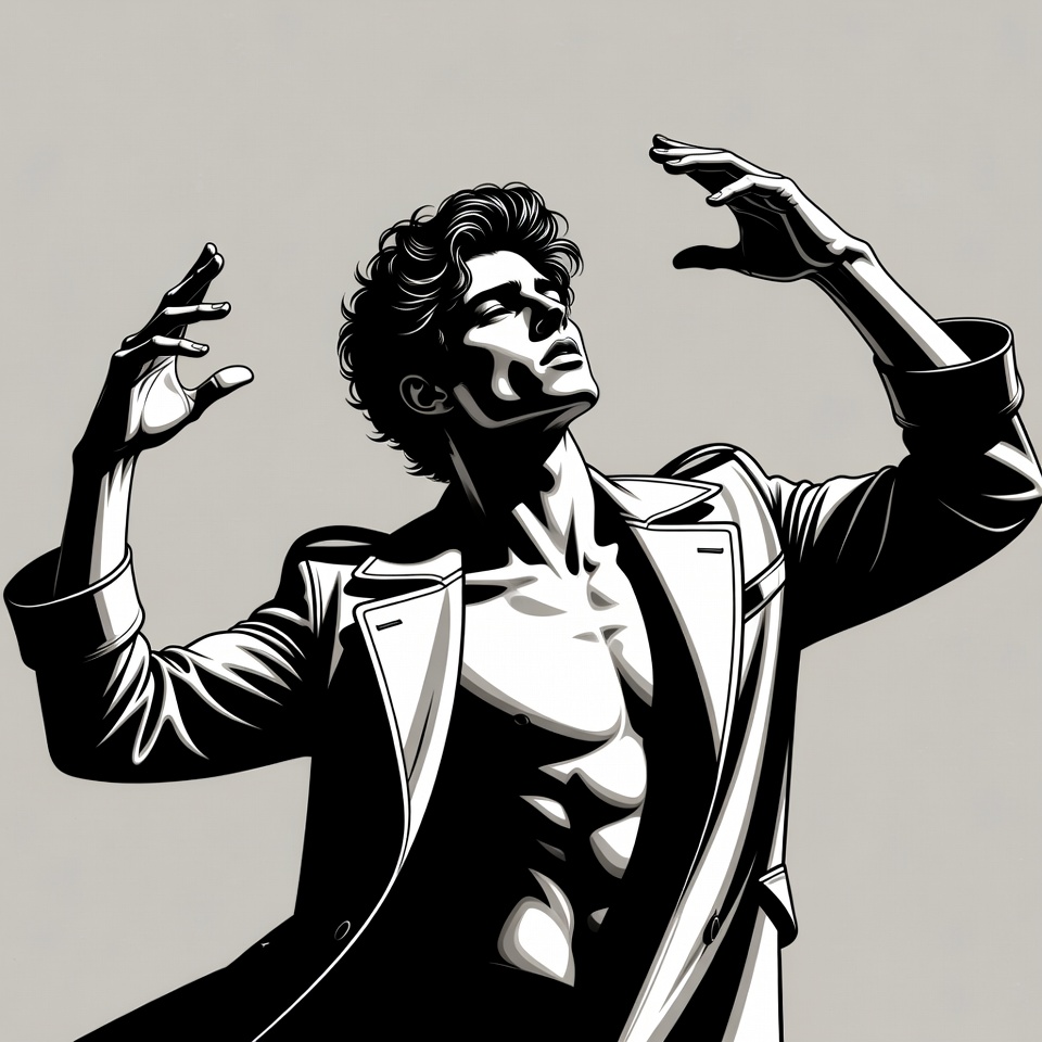 Muscular man raising arms in open coat Muscular man raising arms in open coat